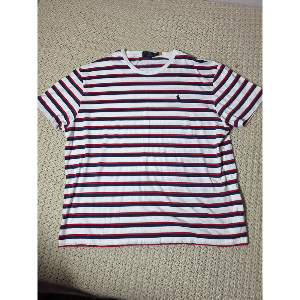 Polo Ralph Lauren T-Shirt Mens XL White Red Blue Striped Excellent Classic Fit